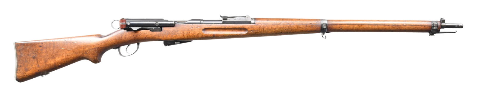 SWISS 1896/11 STRAIGHT PULL BOLT ACTION RIFLE.: Cal. 7.5 Swiss. S# 326435. Bbl. 31". Blade front sight. Tangent rear sight graduated to 2000m. Rear sight parts are numbered "279", rear band is numbered "406", other visible numbers are matching. No