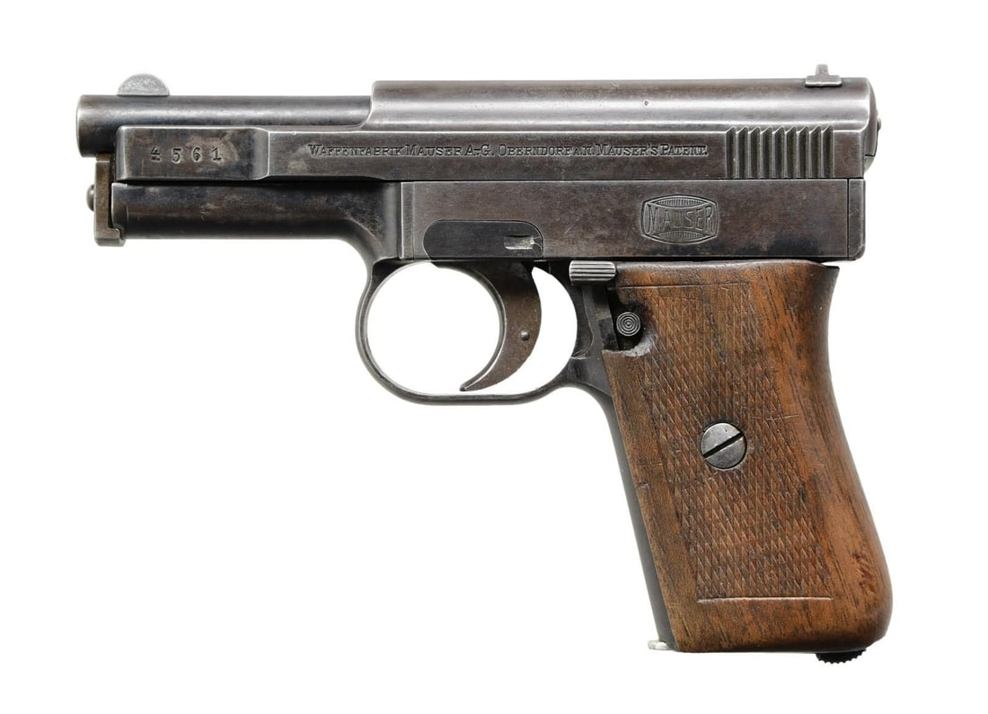 FIRST VARIATION MAUSER MODEL 1910 SIDELATCH: SEMI-AUTOMATIC PISTOL. Cal. 6.35mm. S# 4561. Bbl. 3 1/8". One of approximately 4,900 First Variation Model 1910 Sidelatch semi-automatic pistols mfg. by Mauser. The left side of the slide is marked wi
