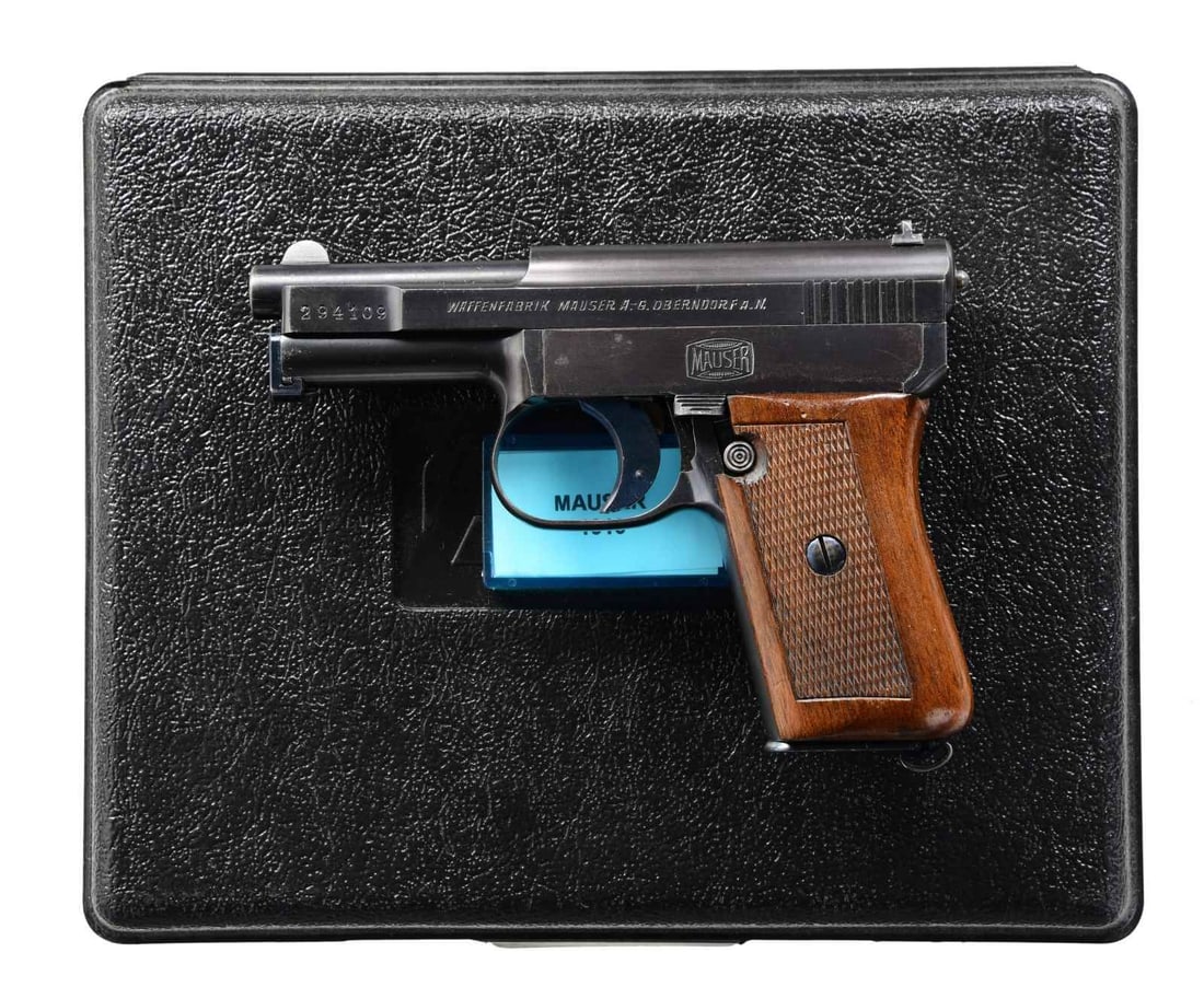 MAUSER 1910 SEMI AUTO PISTOL.: Cal. 6.35mm (25 ACP). S# 294109. Bbl. 3 18". Round blade front sight. V-notch rear sight. Right side of the trigger guard has an "H" marking. All the visible numbers match. Right side of the frame is 