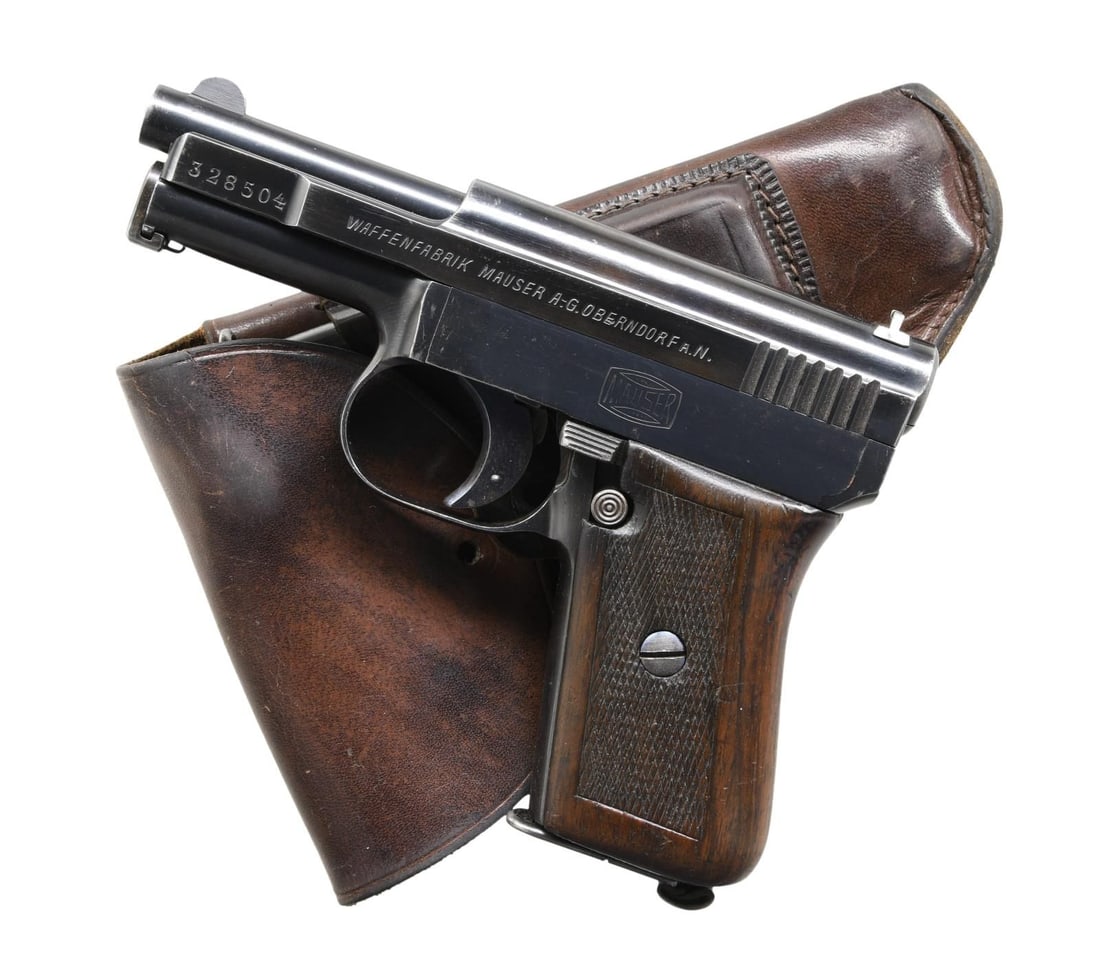 MAUSER MODEL 1910 SEMI-AUTOMATIC PISTOL WITH: HOLSTER. Cal. 6.35mm. S# 328504. Bbl. 3 1/8". Model 1910 semi-automatic pistol mfg. by Mauser. Left side of the slide is marked with the S# and Mauser's mfg. information, with "Mauser-6.35" marked on 