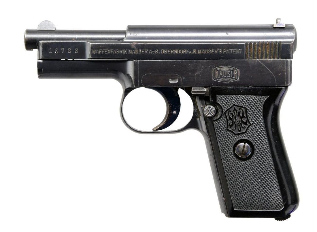 MAUSER 1910 SIDE LATCH SEMI AUTO PISTOL.: Cal. 6.35mm (25 ACP). S# 16788. Bbl. 3". Round blade front sight. V-notch rear sight. An early side-latch 1910 pistol. Matching numbers on slide, frame, and bbl. lug. Matching-numbered takedown rod is