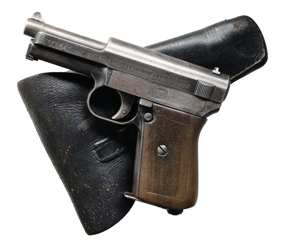 IMPERIAL GERMAN UNIT MARKED MAUSER MODEL 1914: SEMI-AUTOMATIC PISTOL WITH HOLSTER. Cal. 7.65mm. S# 120741. Bbl. 3 3/8". Model 1914 semi-automatic pistol mfg. by Mauser under contract for the Imperial German military. Left side of the slide is mark