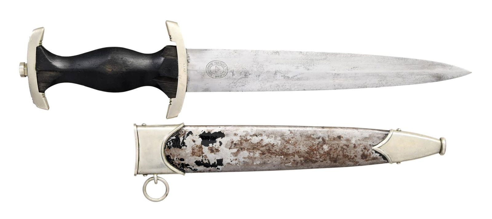 WWII GERMAN SS DAGGER.: Overall length: 14 1/2". Blade is etched "Meine Ehre Heisst Treue" and marked on the reverse "GOTTLIEB HAMMESFAHR (logo) SOLINGEN. FOCHE". Nickel-silver crossguard and pommel guard. Black wooden grip