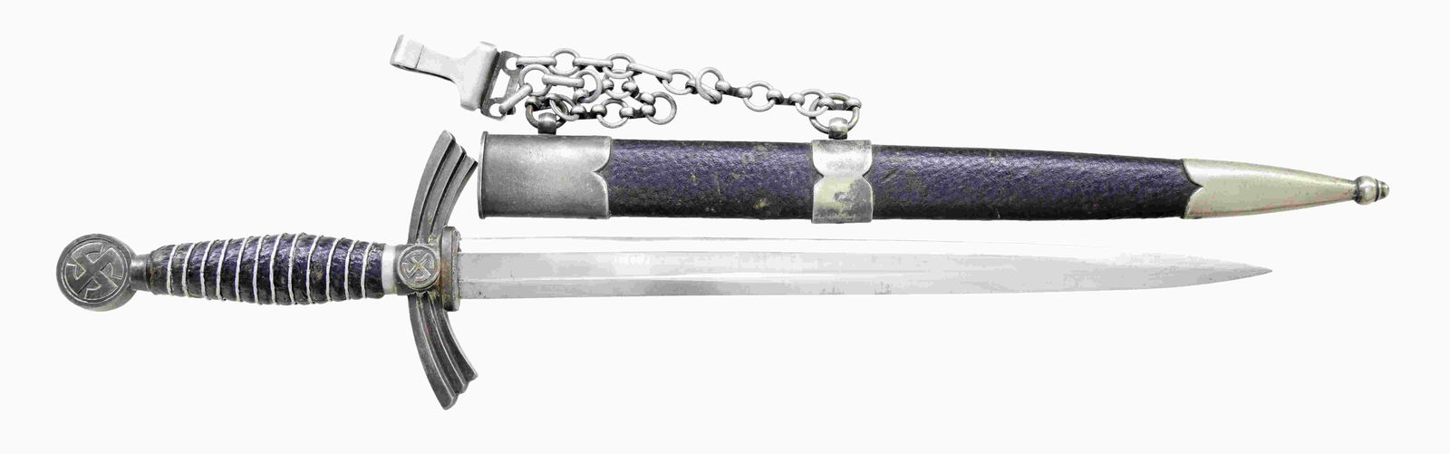 WWII GERMAN 1st MODEL LUFTWAFFE DAGGER.: Overall length: 19 3/8". Blade is unmarked. Silver-plated crossguard and pommel with a mobile party symbol. Leather-wrapped grip with aluminum wire wrap. Leather-covered scabbard with plated mounts. A