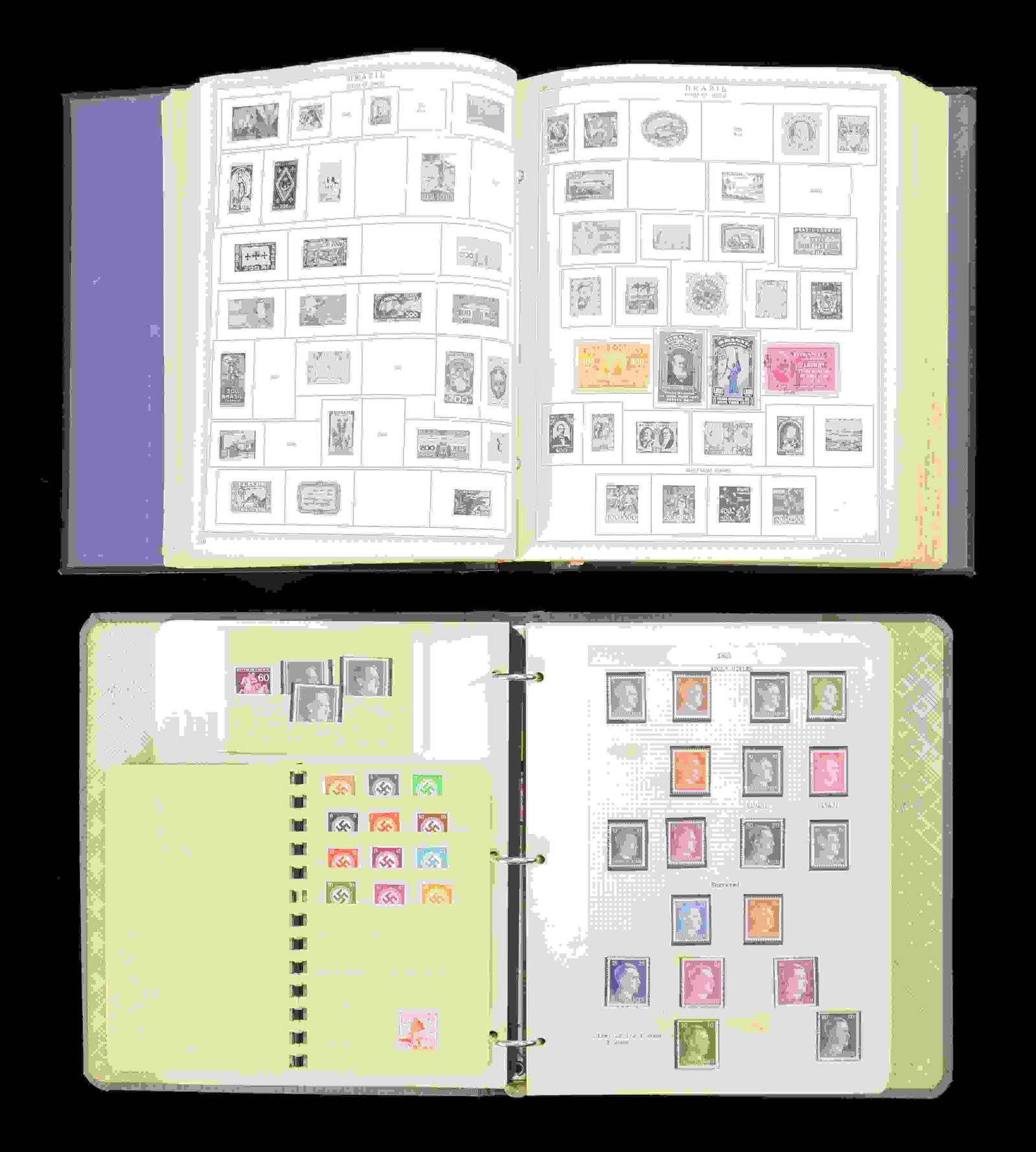 WORLD STAMP COLLECTION.: This collection is housed in two large albums and a small stock book. The largest album is a worldwide collection featuring stamps from many different countries and many different periods. The second