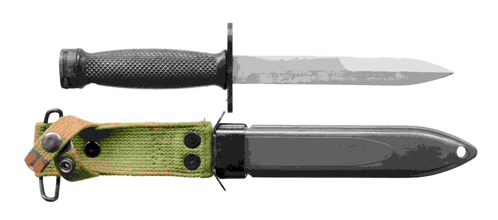 UNITED STATES MODEL M4 BAYONET WITH SHEATH.: Standard US M4 bayonet with sheath. Matte-finished blade with black crossguard stamped on the underside "US M4". Black composite grip with steel pommel cap. Sheath is unmarked with an OD canvas carryi