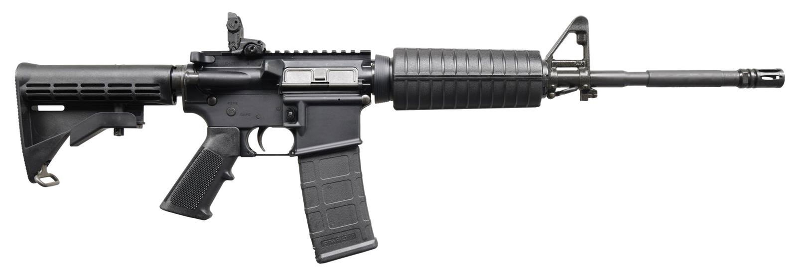 AS NEW IN BOX COLT 5.56MM CARBINE.: Cal. 5.56mm. S# CR812852. Bbl. 16". Colt's latest version of the time-honored M4 Carbine. 16" M4 profile barrel with threaded muzzle, currently sporting an A2 flash hider. Protected post front sight,