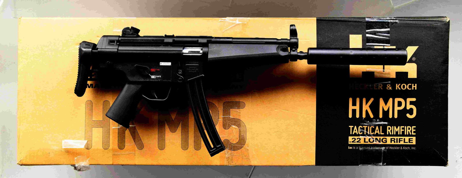 WALTHER / HK MP5 .22 LR SEMI-AUTOMATIC RIFLE WITH: MATCHING FACTORY BOX & SPARE MAGAZINES. Cal. 22 LR. S# HR002108. Bbl. 16 1/8". MP5 semi-automatic rifle chambered in .22 LR mfg. in Germany by Walther under license from HK and imported by Umarex USA.