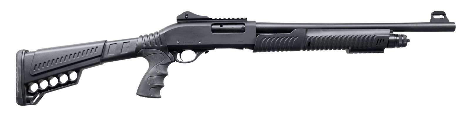 RADIKAL P3 PUMP ACTION SHOTGUN WITH MATCHING BOX.: Cal. 12 GA, 3". S# 20-P4120. Bbl 18 5/8". P3 pump action shotgun mfg. in Turkey and imported by SDS of Knoxville, TN. Left side of the receiver exhibits SDS's mfg. information, with the right side exh