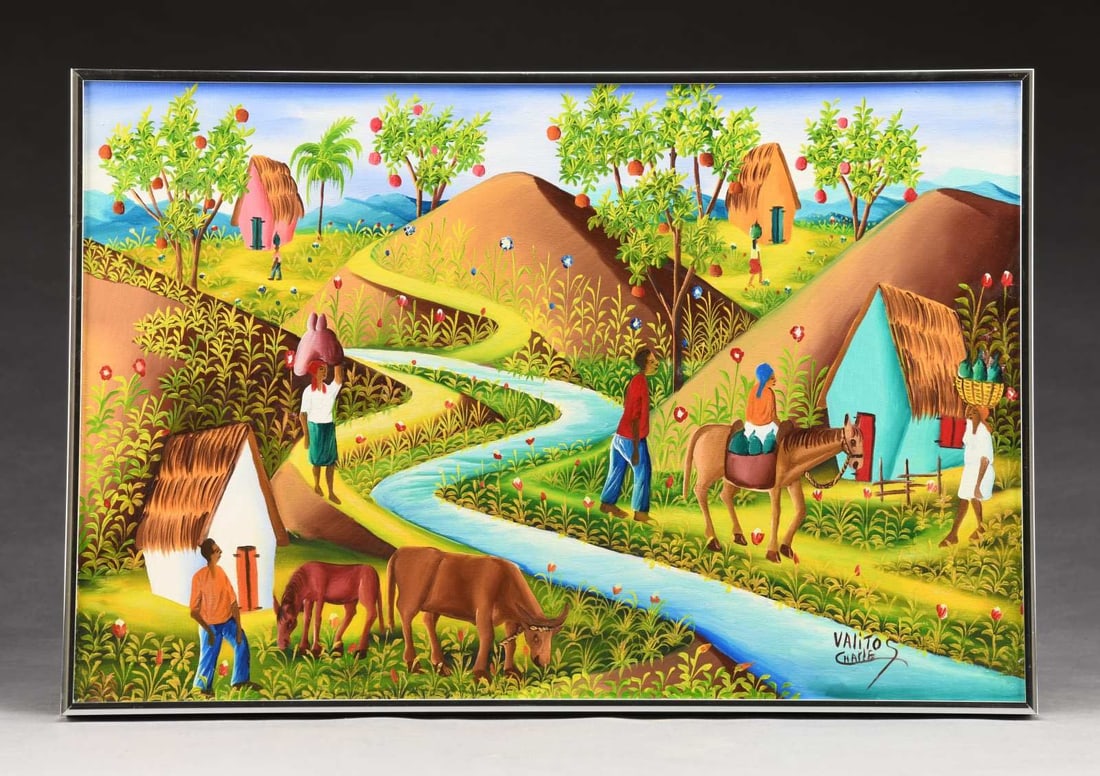 VALITO CHARLES (Haiti, b 1942) FANCIFUL LANDSCAPE: OF HARVESTING. Oil on canvas depicting a hilly landscape with laden fruit trees, several figures carrying harvested fruit, a winding in their midst. Rider on pack animal laden with bags of produce. Si