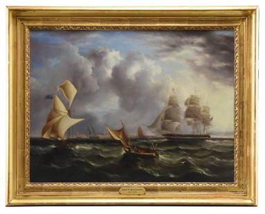 JAMES E. BUTTERSWORTH (1817-1894, American): FRIGATE ENTERING PORTSMOUTH. PLEASE NOTE: While this painting is unsigned, it is unquestionably a work by James E. Buttersworth. This unsigned oil on canvas depicting a three masted frigate sailing ri