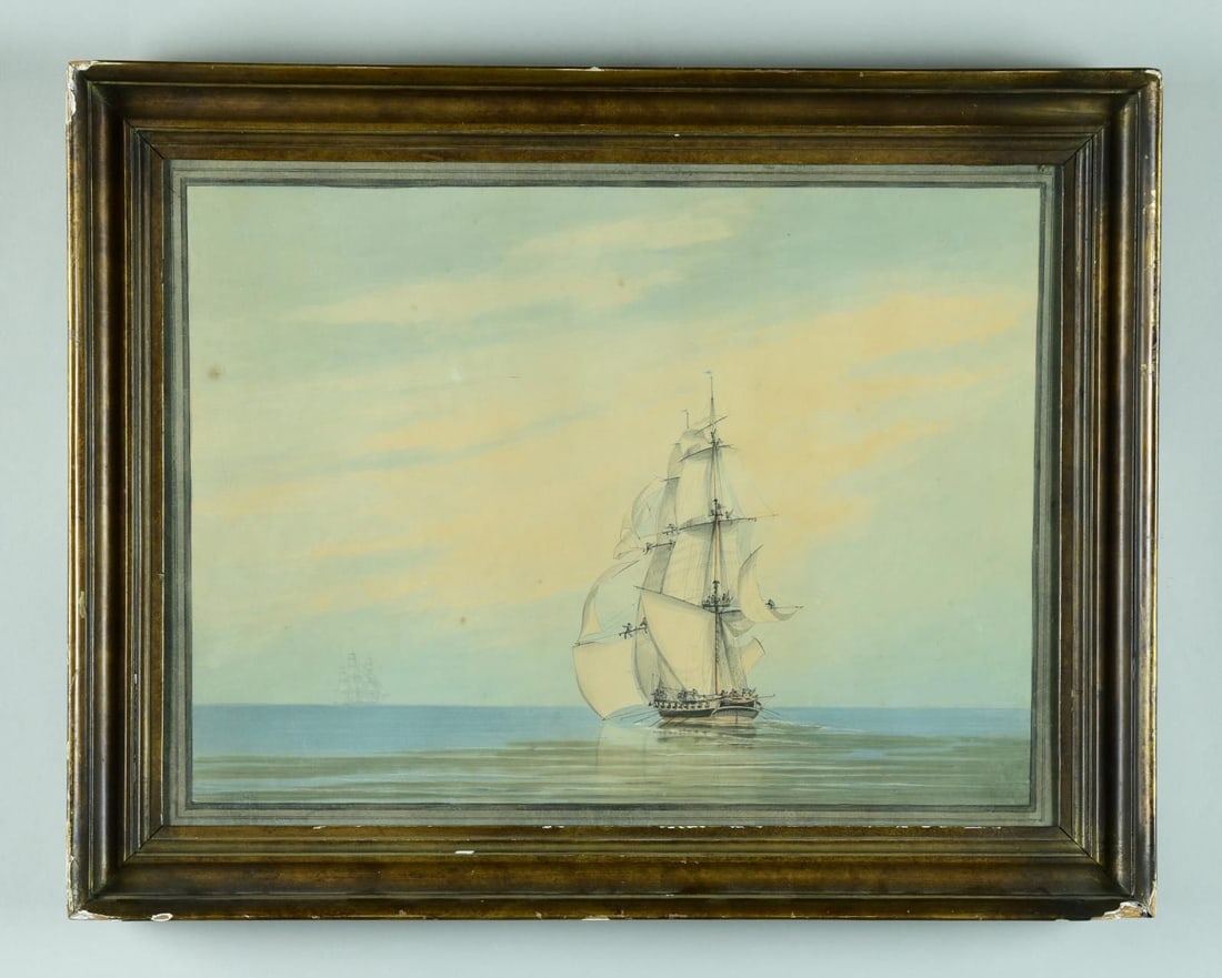 PORTRAIT OF H.M.S. REINDEER, BECALMED (Mid 19th: century). Unsigned watercolor on paper affixed to thin board. Ship is depicted in calm waters, from the stern, sails up with the crew towing the ship. There are two labels on backboard; one in handwri