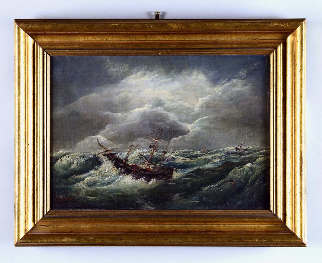 DISMANTLED SHIP IN VIOLENT SEAS BY C. WILSON.: Oil on canvas depicting a ship in the foreground with two broken masts with sailors and alike holding on and trying to stay onboard. In the distance there are two additional ships in the same state of