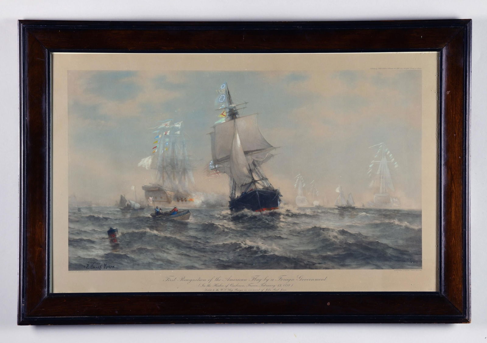 EDWARD MORAN (American, 1829-1901) "FIRST: RECOGNITION OF THE AMERICAN FLAG BY A FOREIGN GOVERNMENT". Circa 1898. Chromolithograph ?Salut to the U.S. ship Ranger in the harbor of Quiberon, France, February 13th, 1778. The ship under the comman