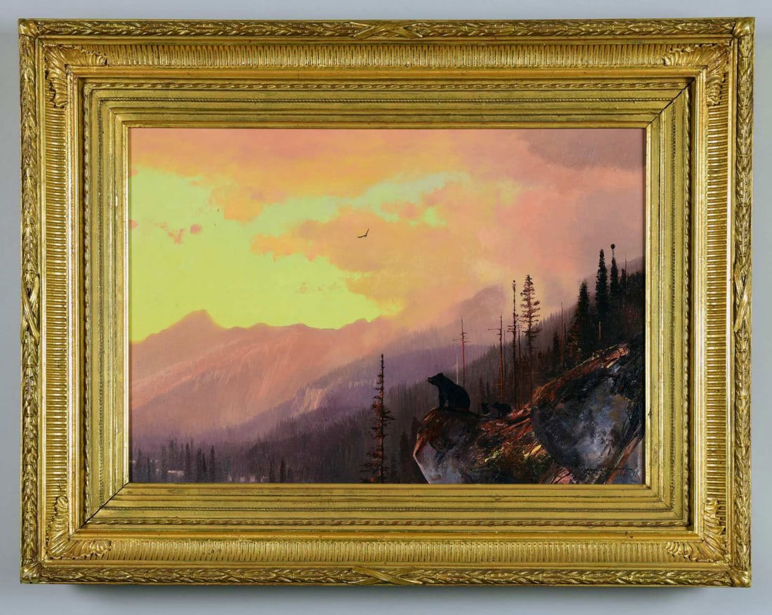 MICHAEL COLEMAN (American, 20th?21st Century): LAKESIDE PAINTING OF A BEAR WITH TWO CUBS AT DAWN ON MOUNTAIN LEDGE. Oil on masonite. Signed lower right with "?". Housed in a deep carved and molded wood and gesso frame. SIZE: overall 21" x 27", sig