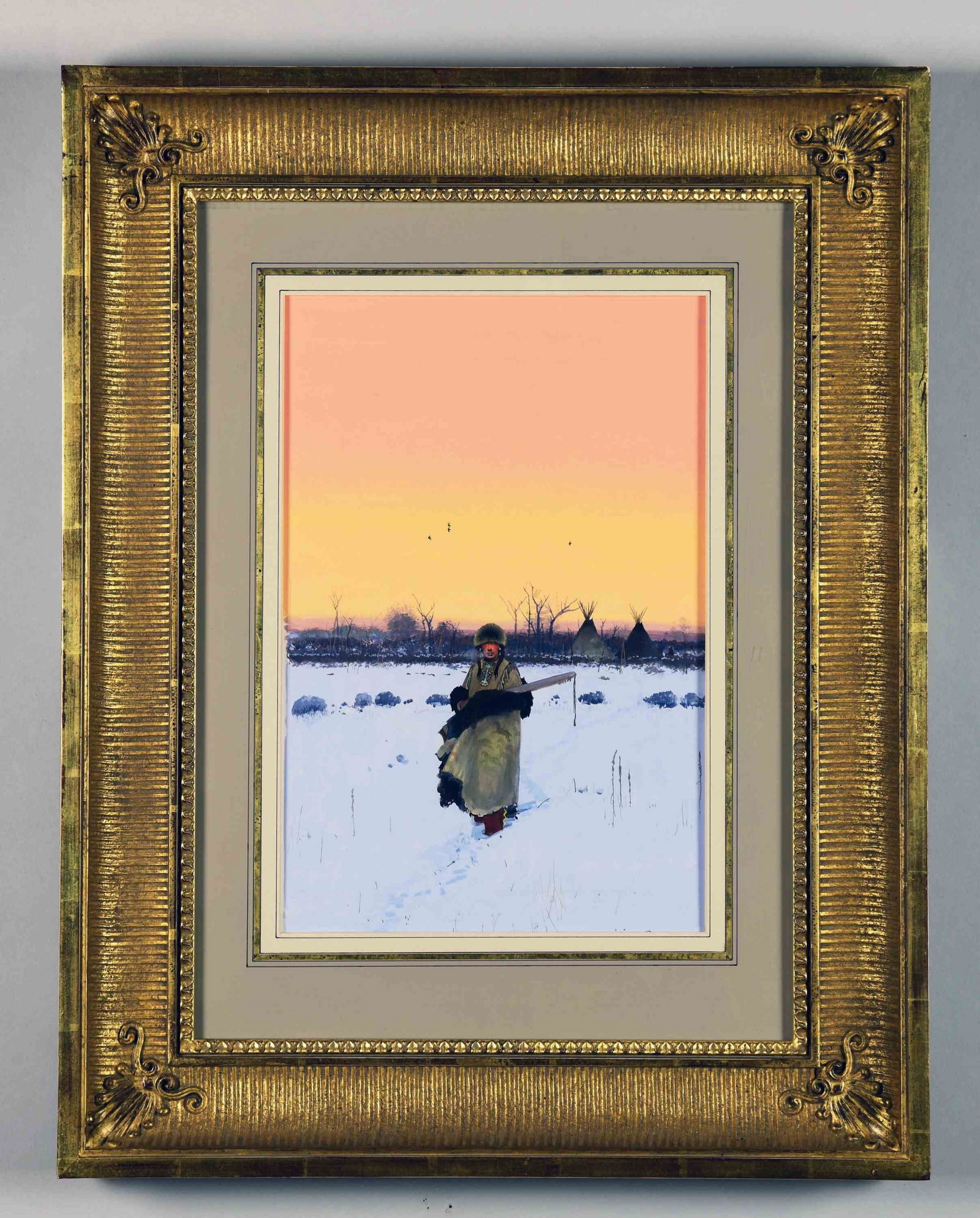MICHAEL COLEMAN ? (American, 20th?21st Century): WINTER ENCAMPMENT. Oil on artist board winter scene of Native American walking with rifle leaving an encampment. Signed lower right with "?". Housed in a custom gold gilt molded frame, matted under gl