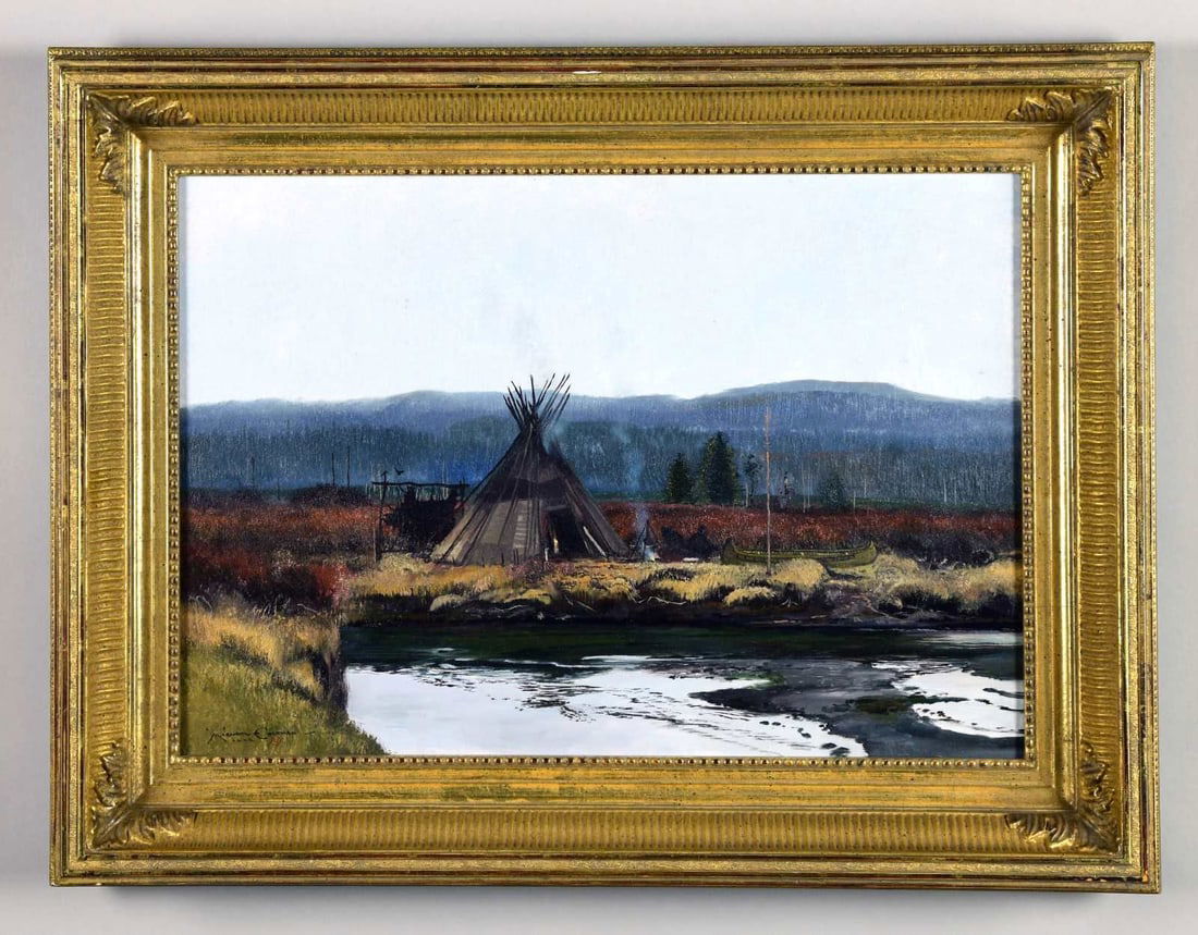 MICHAEL COLEMAN ? (American, 20th?21st Century): "NORTHERN CAMP". Oil on artist board depicting an encampment by a pond with mountains in the background. Signed lower left with "?" and titled on verso. Housed in a gold molded frame. SIZE: overall 19