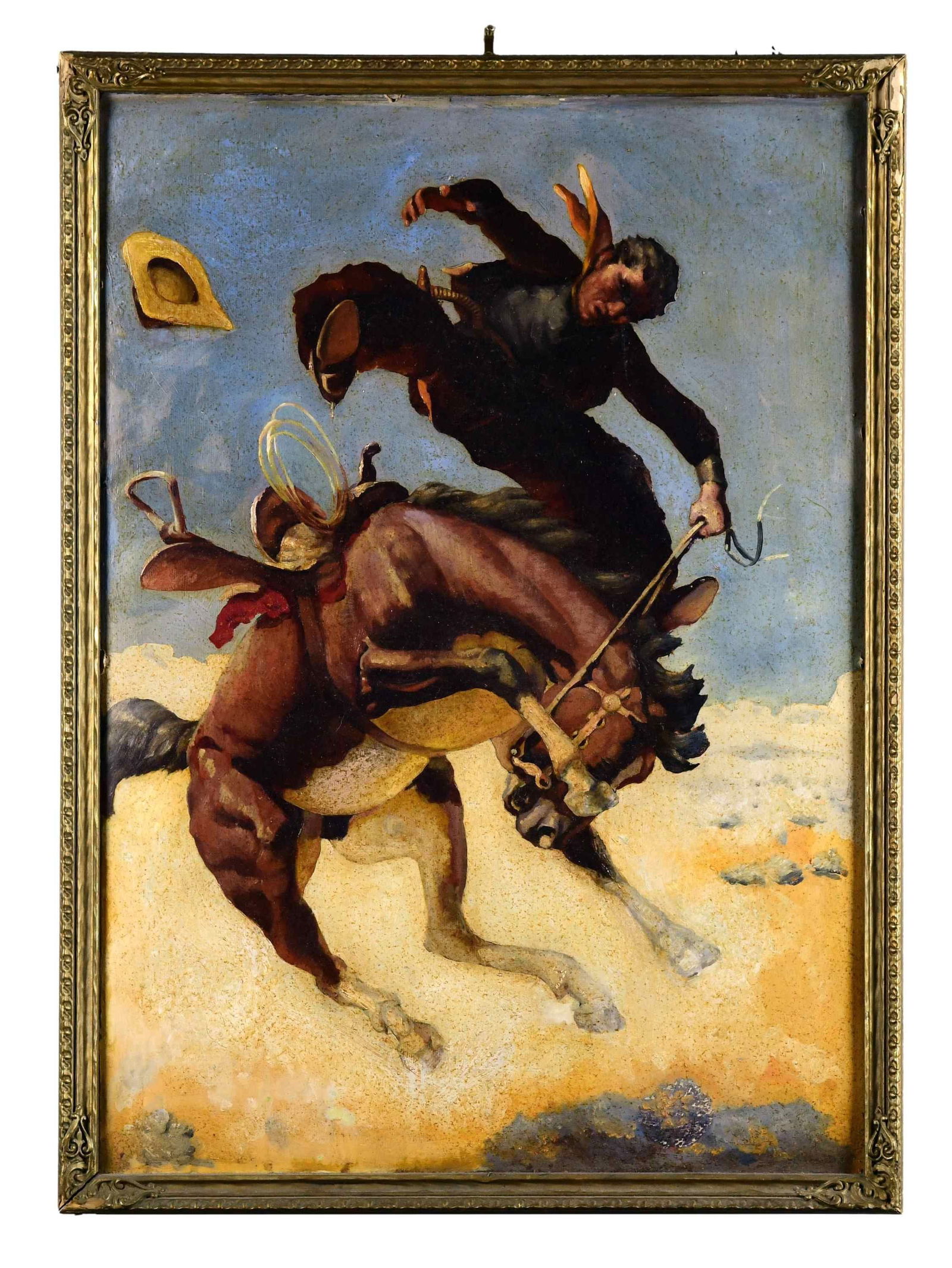 'BRONCO BUSTER'.: Mid 20th century. Unsigned oil on artist board depicts a cowboy on a bucking horse in mid-air about to be thrown off the horse in a desert setting under a bright blue sky. Housed in a molded gold fram