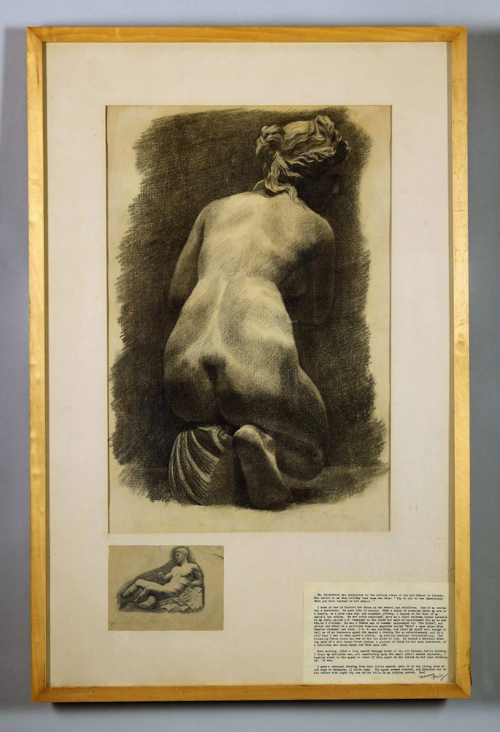 NORMAN PRICE (American, 1877-1951) PORTRAIT OF A: NUDE. Circa 1900. Charcoal on paper portrait of a nude woman mounted above a smaller insert of a classical reclining nude, and mounted with a typed document signed by the artist lower right. Housed in