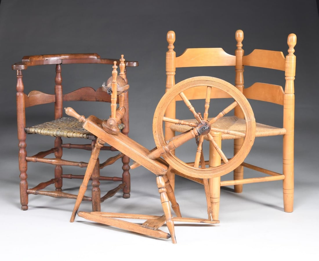 GROUP OF TWO CORNER CHAIRS AND AN OAK FLAX WHEEL.: 18th-20th century, American. 1) An early American maple corner chair with woven splint seat and cushion back crest reail continuing to curved flat maple arms with out scrolled grips, and back with sin
