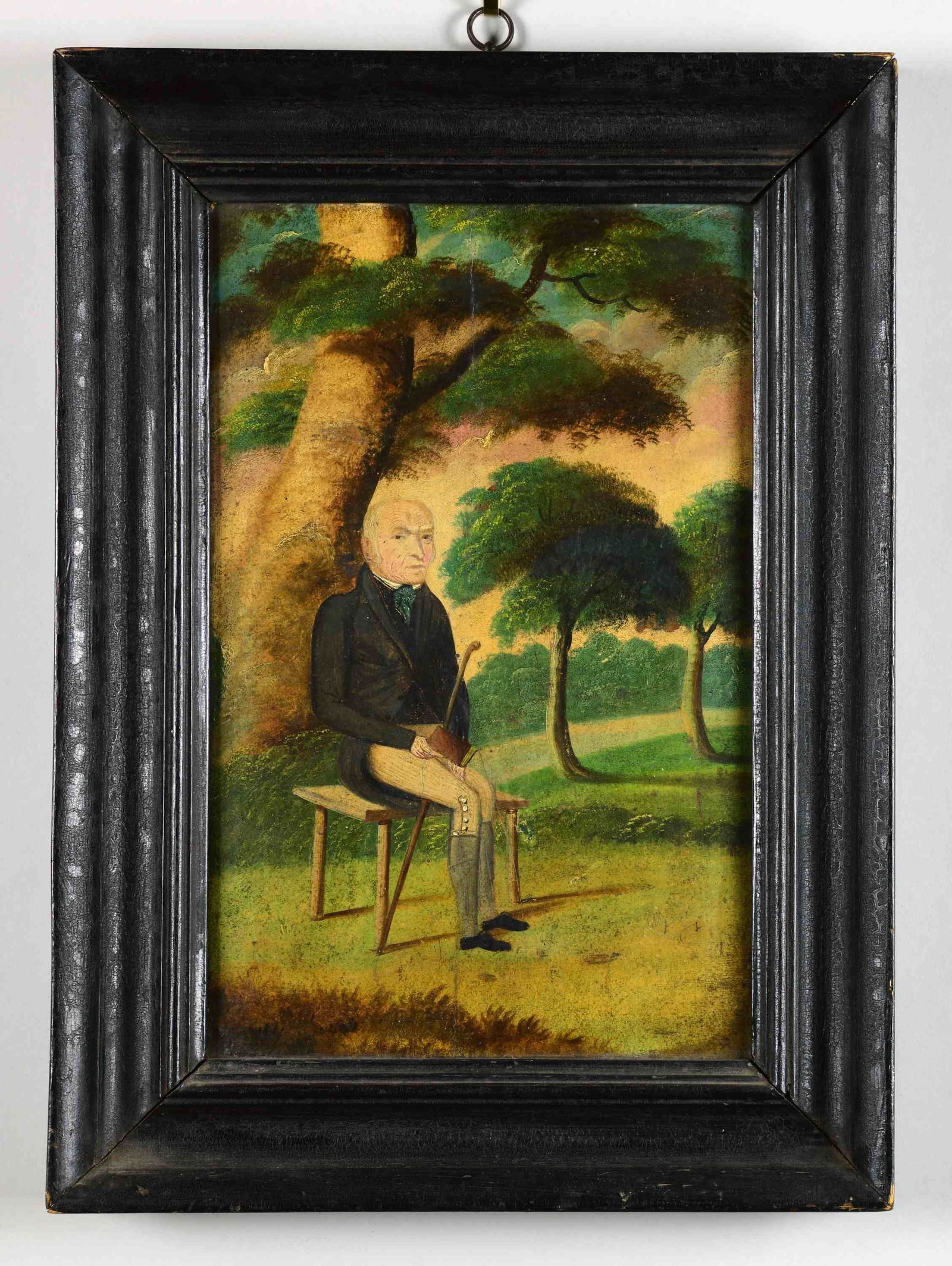 FOLK ART PAINTING OF A GENTLEMAN SEATED IN A PARK. (1 of 1)