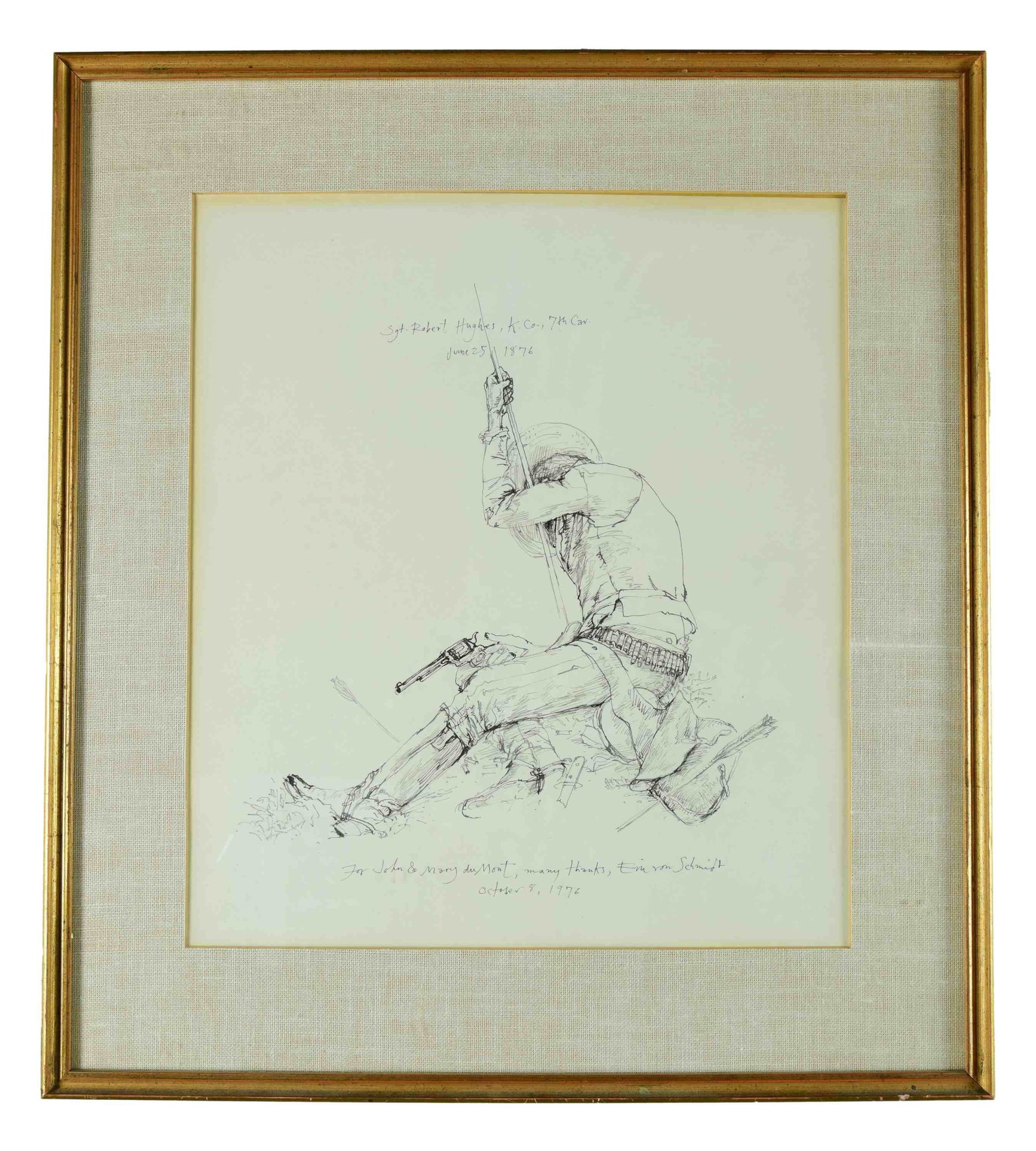 SARGENT ROBERT HUGHES AT THE LITTLE BIG HORN, JUNE: 25, 1876. The drawing depicts the soldier with drawn revolver, holding on to what appears to be a broken lance, seated on the ground and surrounded by arrows that have fallen around him. A broken cava