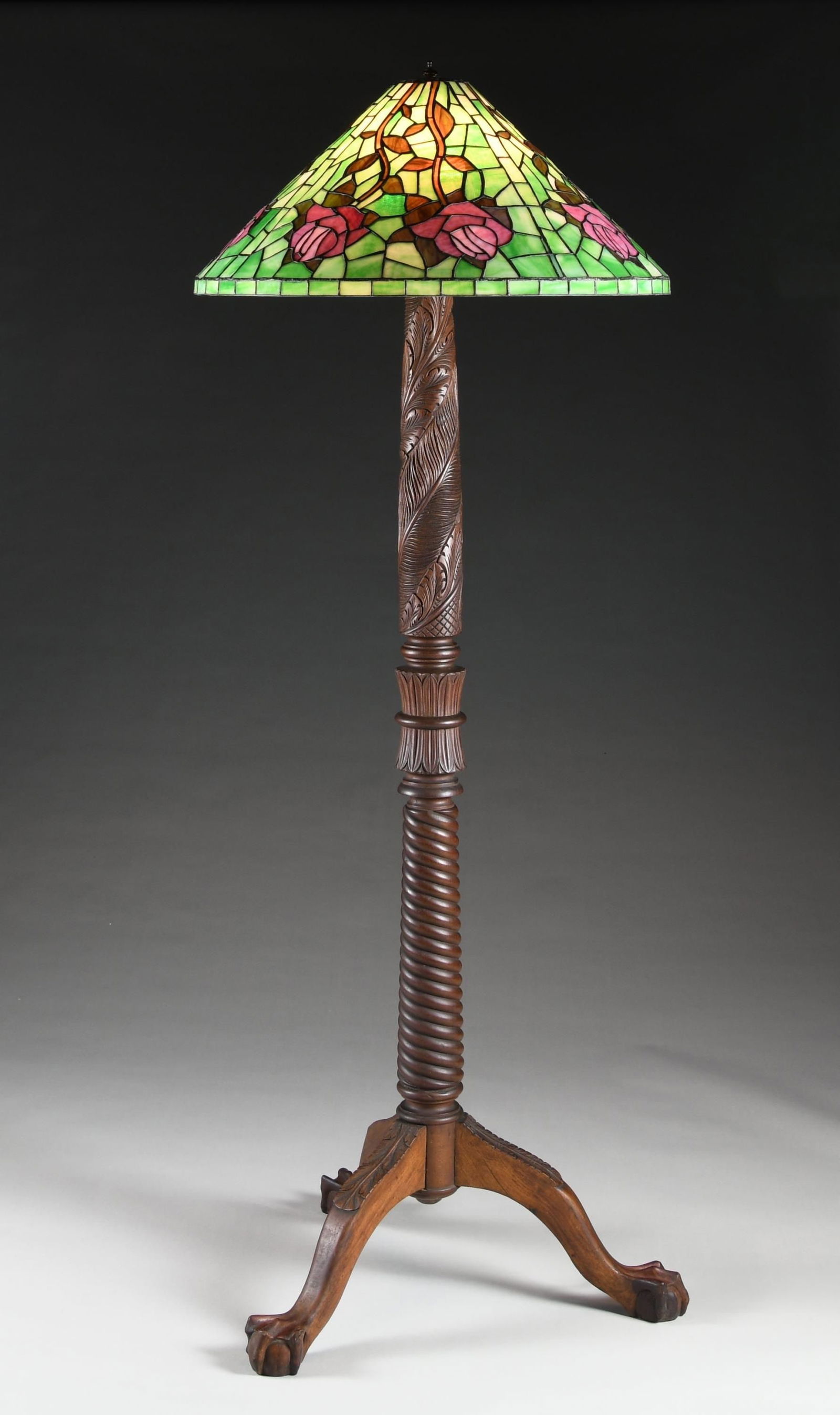 CARVED MAHOGANY FLOOR LAMP WITH LEADED GLASS (1 of 3)