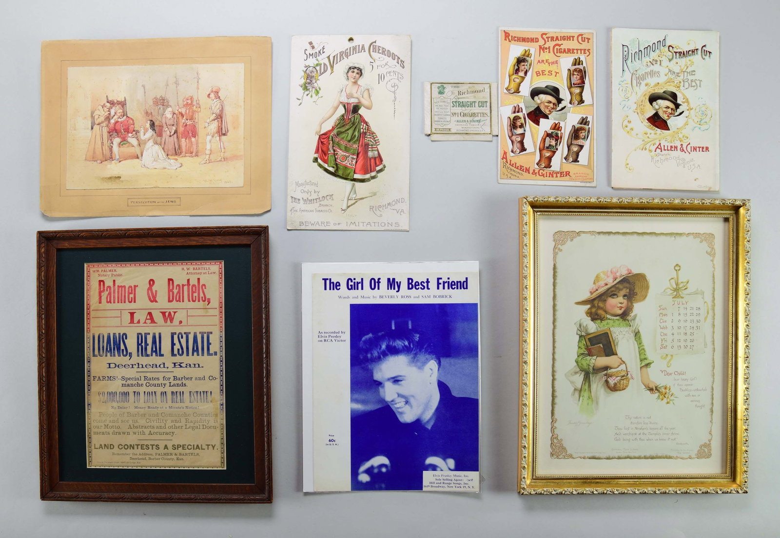 GROUP OF ILLUSTRATIONS AND ADVERTISEMENTS.: 19th-20th Century, American. Lot includes an illustrated and framed calendar page by Frances Brundage, circa 1894. A real estate poster by Palmer & Bartels Loans and Real Estate, framed. Advertisement