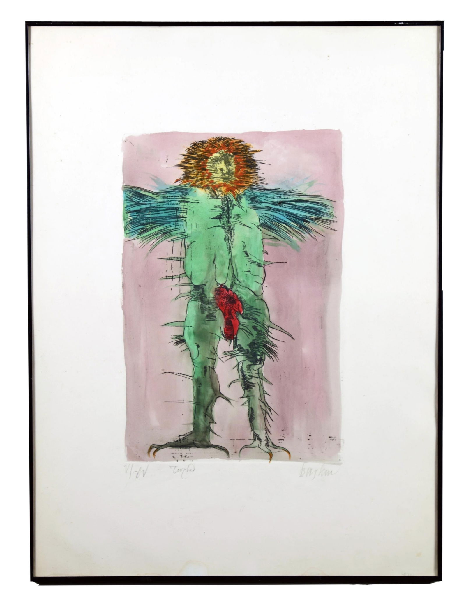 MONOTYPE PRINT BY LEONARD BASKIN "TOUCHED".: This image depicts a naked human figure with a bird’s head where his genitalia would be. Signed in the print “Baskin 1969”. Beneath that hand is inscribed "V/XV Touched Baskin". SIZE: overal