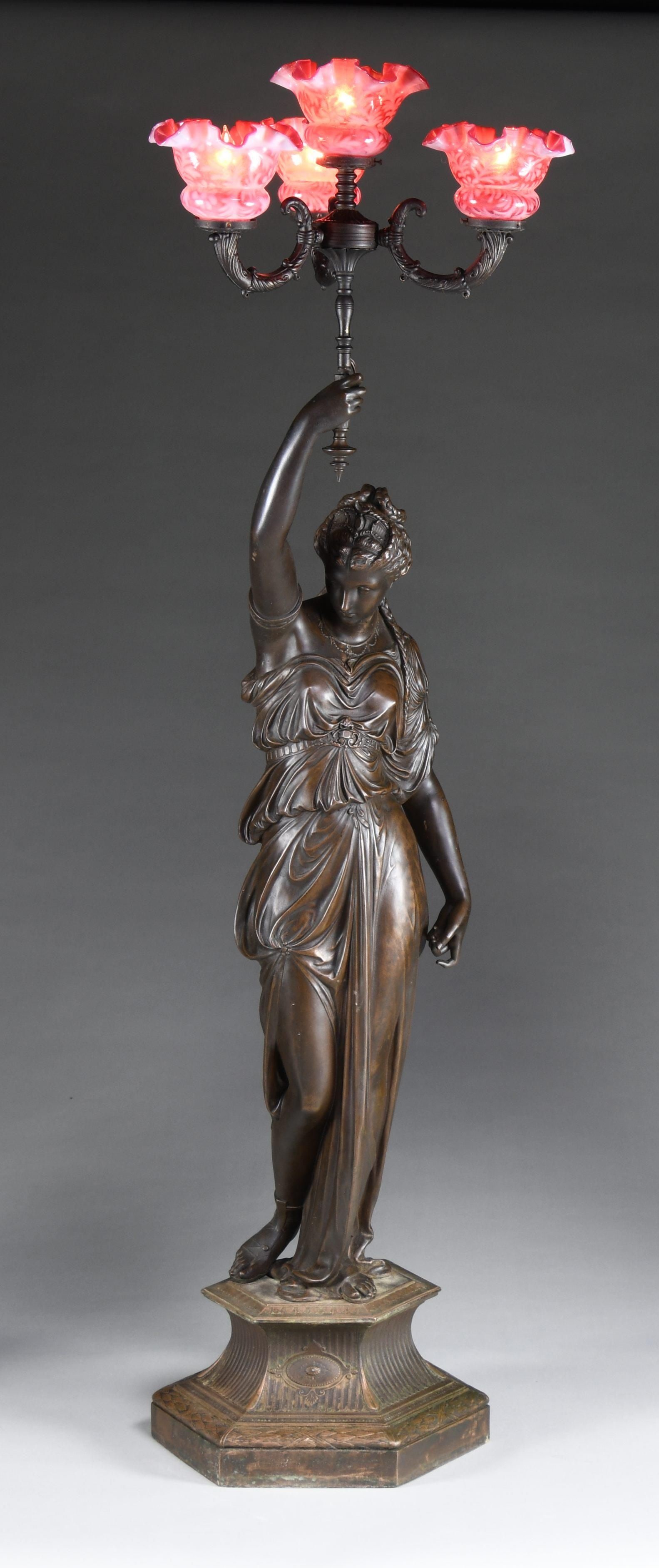 CAST PATINATED NEWEL POST FIGURAL LAMP. (1 of 2)