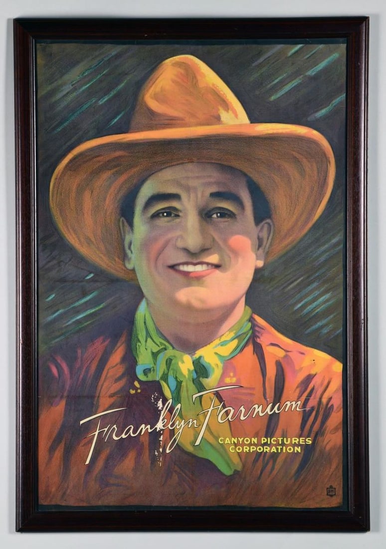 FRANKLYN FARNUM MOVIE POSTER.: Canon Pictures Corporation, Acme Litho Company. Half bust portrait of the actor in "western" clothing with hat and bandana. Housed in a simulated mahogany frame under glass. SIZE: overall 43" x 30", s