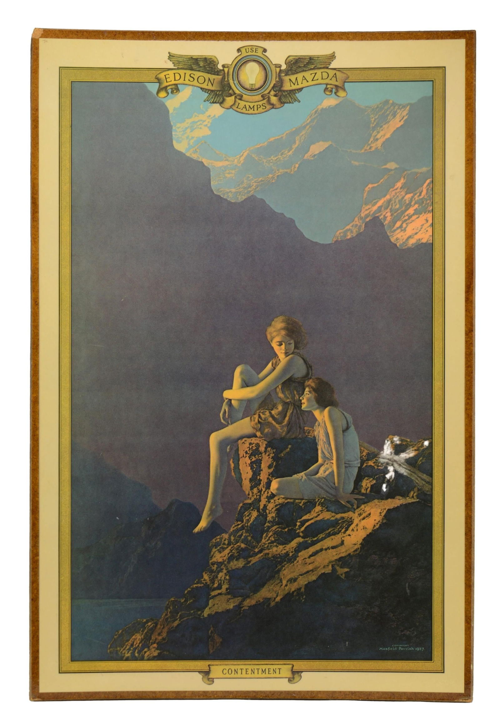 MAXFIELD PARRISH (American, 1870-1966): "CONTENTMENT" COLORED PRINT. The print used as an advertisement "Use Edison Mazda Lamps". This print depicts two female figures in conversation in 1920s dress seated on a rocky outcrop in the mountain