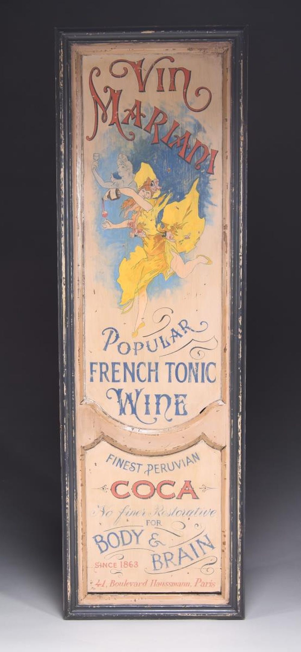"VIN MARIANI" FRENCH TONIC WINE ADVERTISING SIGN.: The graphics depict women dancing while pouring wine into a glass above the phrase "Popular French Tonic Wine". The lower panel states "Finest Peruvian Coca" in bold uppercase letters. The lower panel