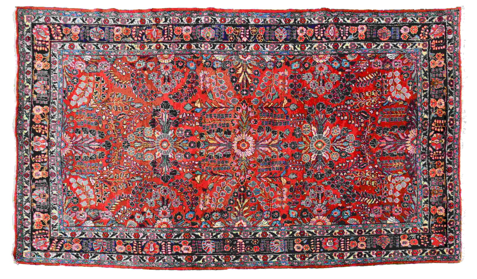 SEMI-ANTIQUE LILLIHAN RUG.: 2nd quarter, 20th Century. The rug with three aligned floral medallions on a rose-red field with dense floral polychrome vinery, all within a midnight blue main border of scrolling flowerheads and lot