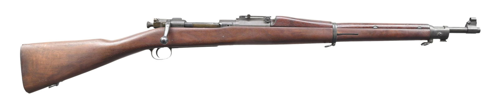 US WWI ROCK ISLAND MODEL 1903 BOLT ACTION MILITARY: RIFLE. Cal. 30-06. S# 384801. Bbl. 24". Marked behind front sight "SA / flaming bomb / 12-32". Ladder rear sight with volley notch graduated to 2850 yards. Flat windage and elevation knobs. Blade fron
