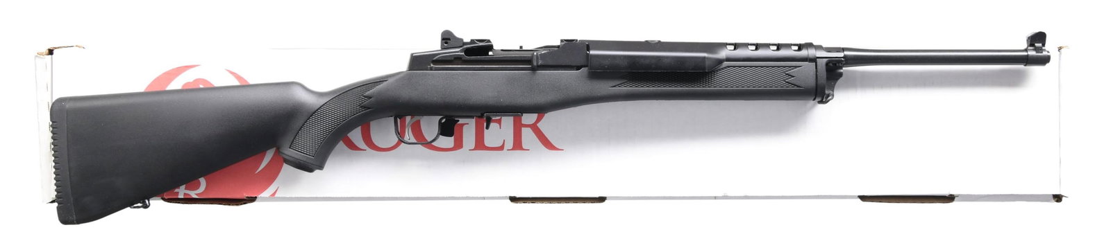 RUGER MINI 14 SEMI AUTO RIFLE.: Cal. 5.56 NATO. S# 584-78517. Bbl. 18 1/2". Blade front sight w/ protective ears. Aperture rear sight. SKU: 05855. Blue finish. Black synthetic stock set w/ bottom mounted sling swivels. MAGS: 2-5 rd.