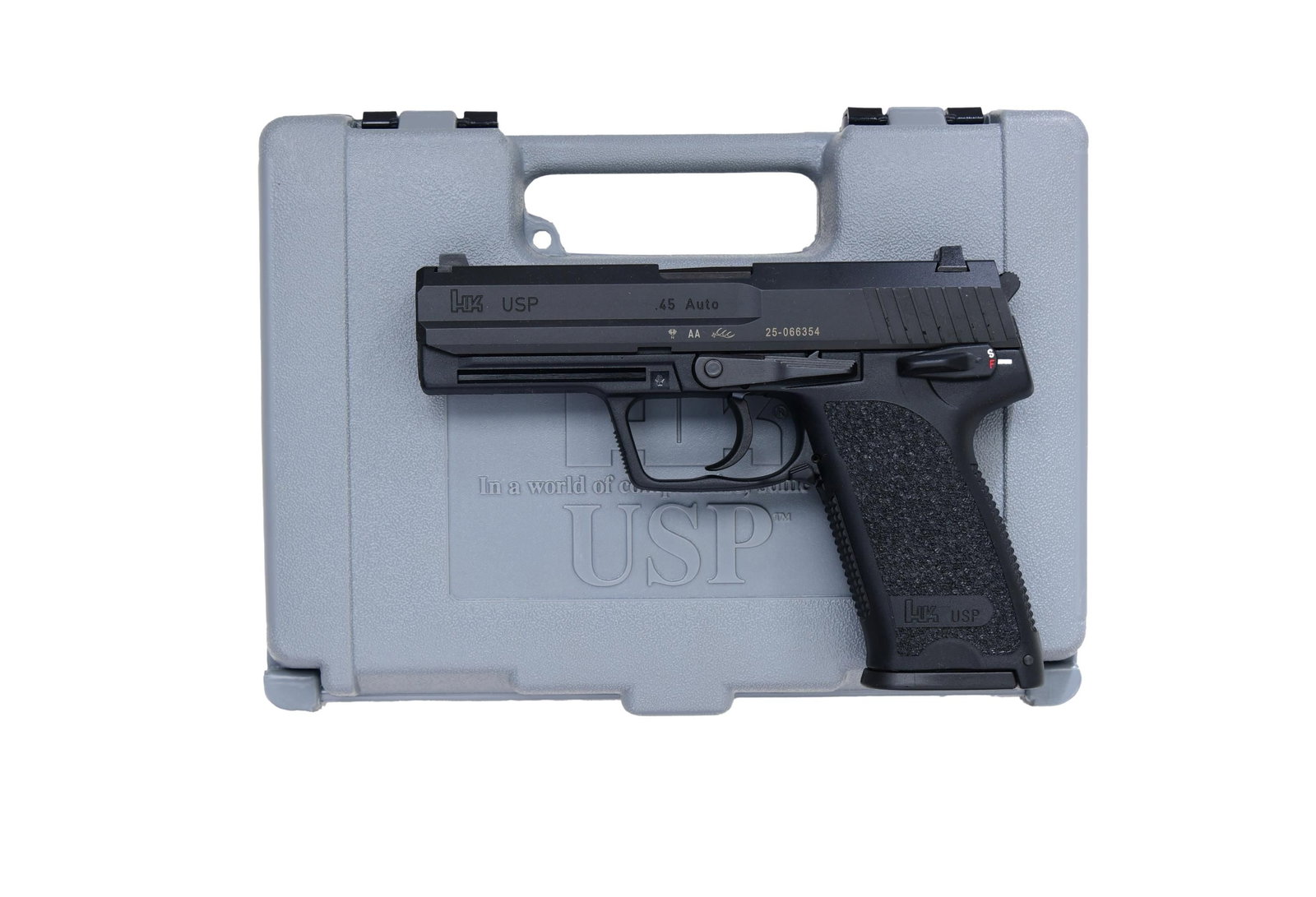 HK MODEL USP45 V1 SEMI AUTO PISTOL WITH MATCHING: BOX. Cal. 45 ACP. S# 25-066354 (AA = 2000). This Heckler & Koch USP features a matte black finish. The barrel length is 4.25 inches. The front sight is a fixed blade, and the rear sight is a fixed not