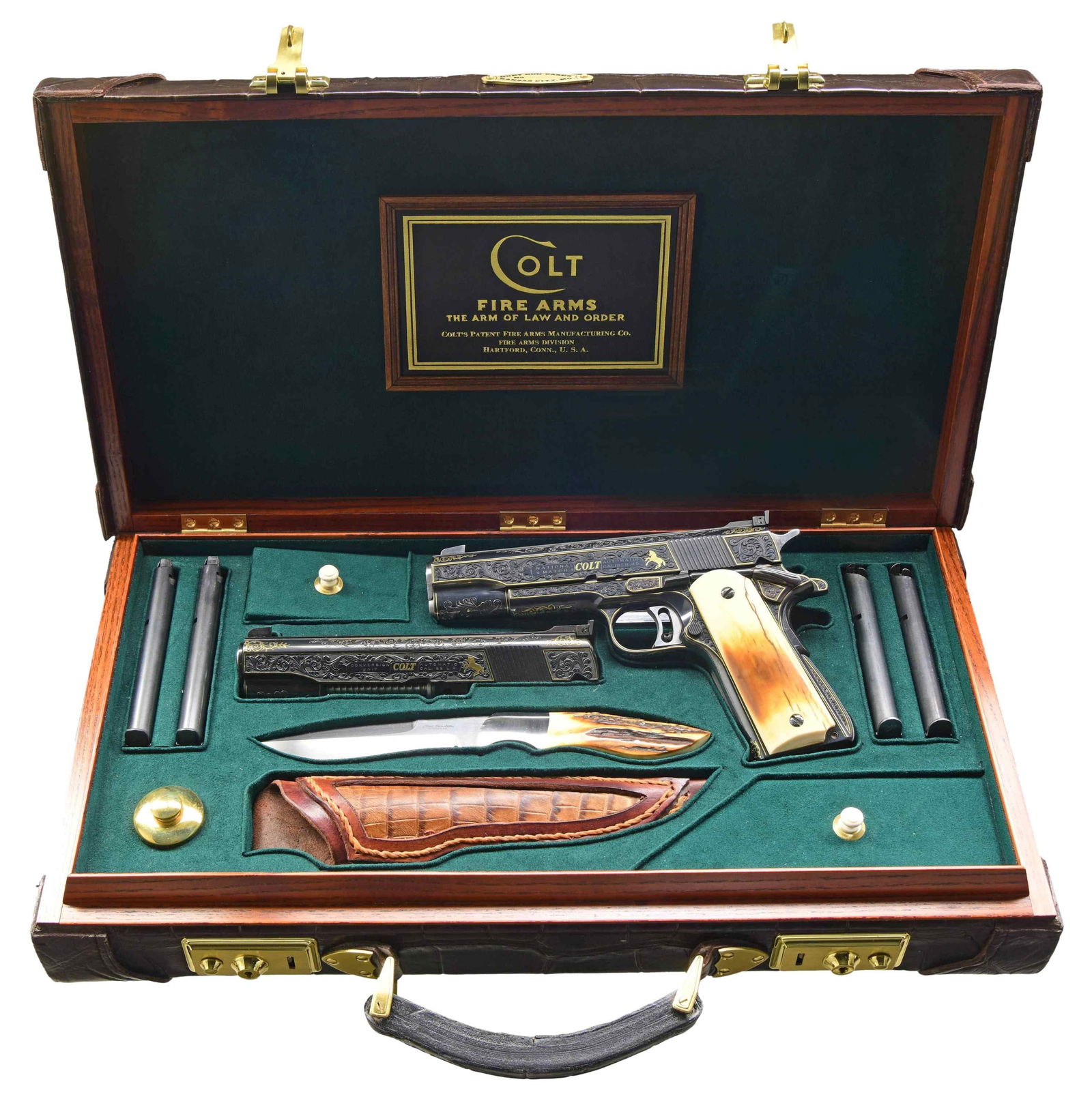 CUSTOM ENGRAVED COLT NATIONAL MATCH SEMI AUTO: PISTOL WITH BOW CHOW PARTS, ENGRAVED CONVERSION KIT & CUSTOM CASE. Cal. 45 ACP. S# 7663-NM. This 1960's Colt National Match pistol has generous coverage of floral engraving highlighted by gold inlaid