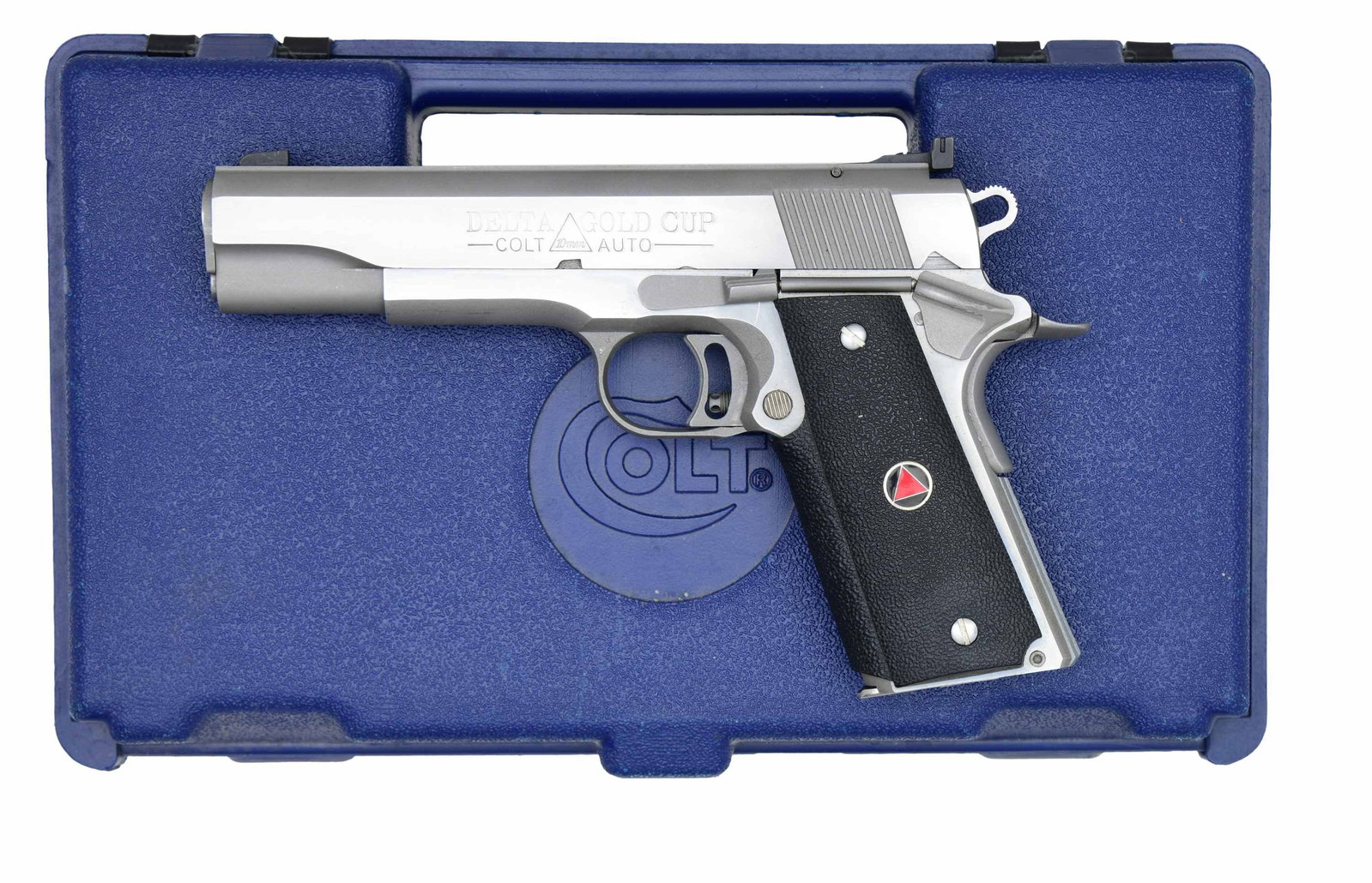 COLT DELTA GOLD CUP STAINLESS SEMI AUTO PISTOL.: Cal. 10mm. S# DG02369E (mfg. 1996). Target version of the Delta Elite with Patridge front sight & Accro rear sight. Barrel 5". Stainless steel finish. Target trigger with overtravel stop. Wraparound c