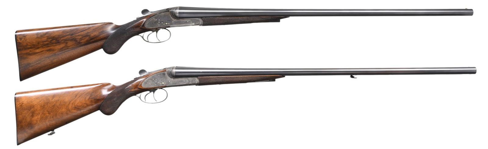 BRACE OF WAFFENFABRIK STEYR SIDELOCK EJECTOR: DOUBLE SHOTGUNS WITH ONE PIECE BARRELS. These interesting high quality guns have barrels machined from one solid billet of steel in the manor similar to those made by Longthorne of England today. Whit