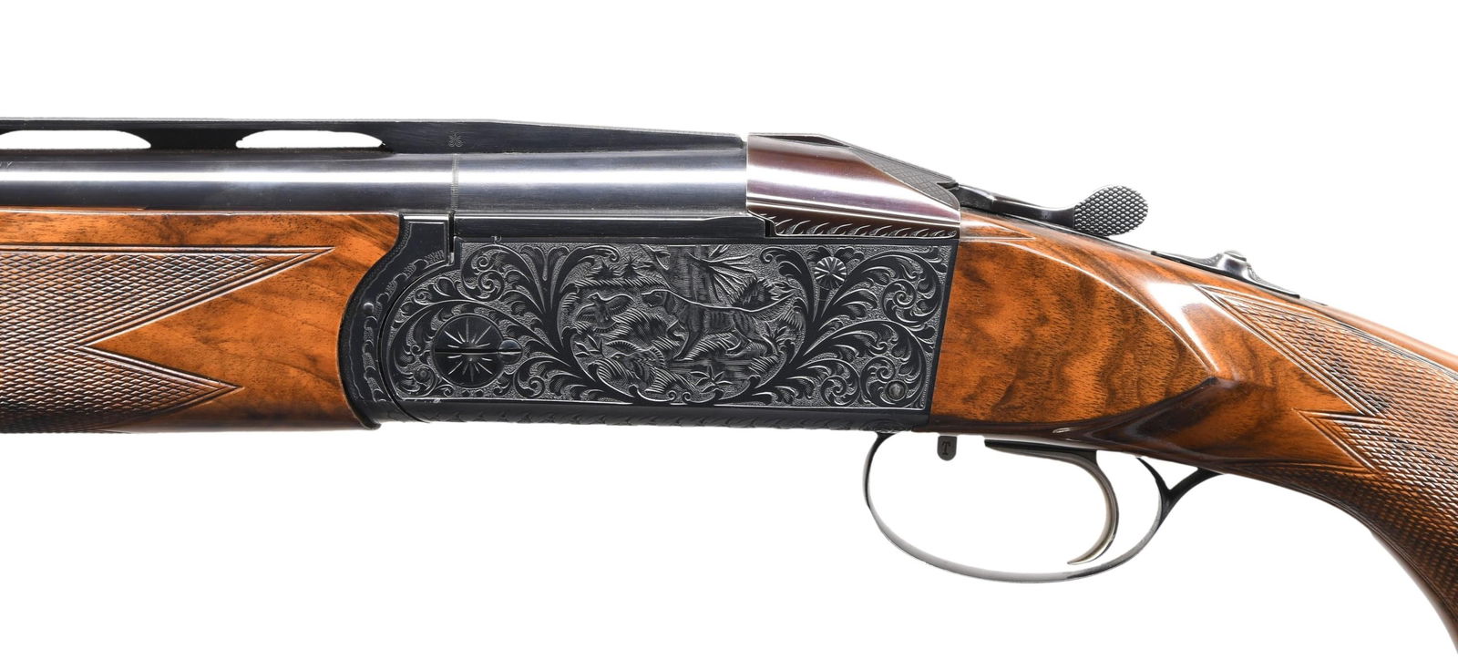 KRIEGHOFF MODEL 32 WITH RELIEF ENGRAVING 3 BARREL: SET SKEET GUN WITH SMALL GAUGE TUBES AND CASES. Cal. 12 Ga. 2-3/4" (all barrel sets). S# 3215. Set 1. S#173 (over stamped) proofed in Nov. 1958 has narrow raised ventilated rib and is marked for skeet