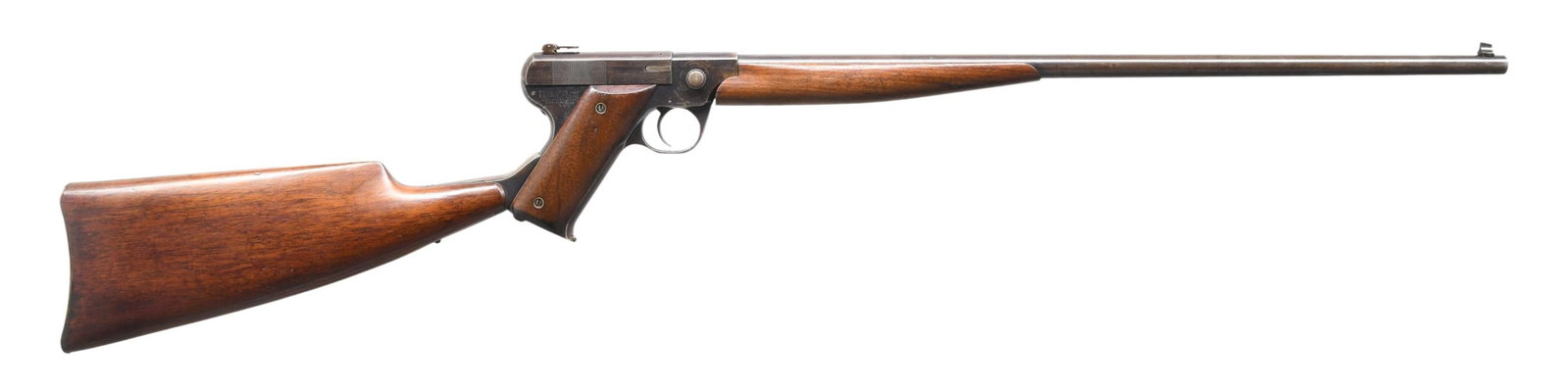 RARE FIALA ARMS MODEL 1920 MAGAZINE-FED SINGLE: SHOT PISTOL CARBINE. Cal. 22 LR. S# 2018. Bbl. 20". Rare (1 of approx. 5,000) Model 1920 mag. fed single shot pistol carbine mfg. by Fiala Arms & Equipment Co. While outwardly resembling a semi-automa