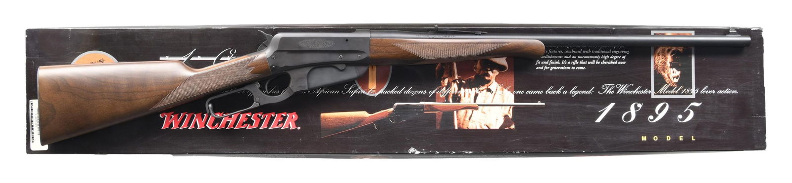 WINCHESTER 1895 GRADE 1 LEVER ACTION RIFLE.: Cal. 30-06. S# NF3593. Bbl. 24" rnd. Gold bead front sight. Sporting style rear sight. Japanese made Winchester 1895 lever action rifle. Matte blue finish w/ floral engraving on both sides of receiver