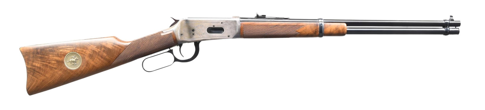 WINCHESTER 94 US BICENTENNIAL LEVER ACTION RIFLE.: Cal. 30-30. S# USA19563. Bbl. 20" w/ blade front sight & sporting rear sight. Full length mag. Gray finished action has an American eagle on the left side w/ "76" circled by thirteen stars on the righ