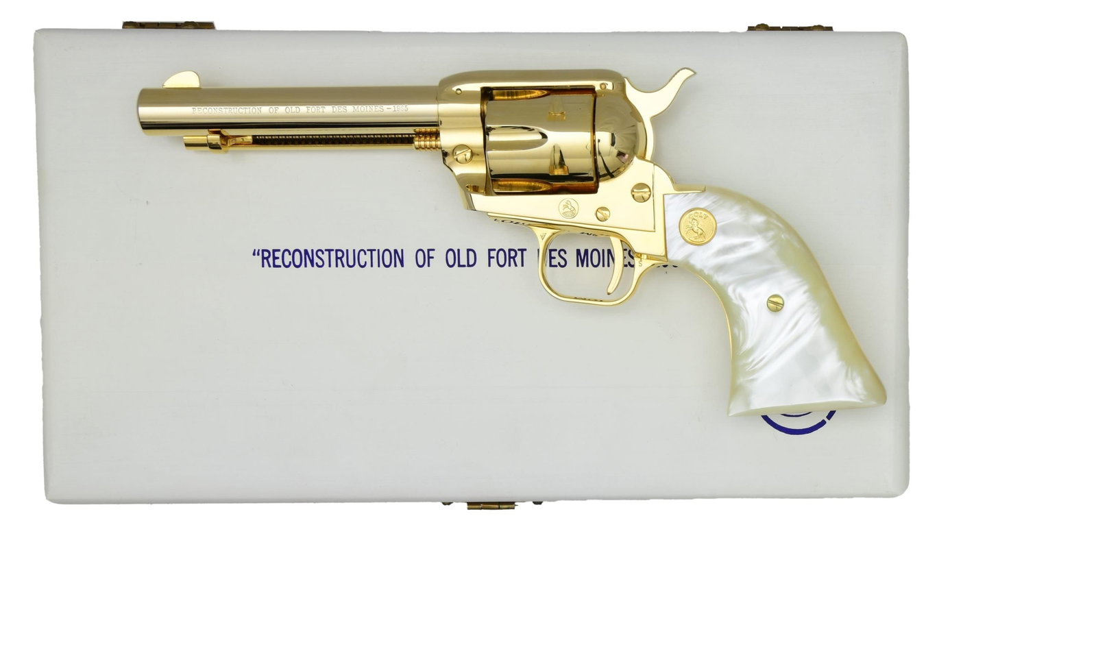 COLT RECONSTRUCTION OF OLD FT. DES MOINES FRONTIER: SCOUT REVOLVER. Cal. 22 LR. S# 0172DM. Bbl. 4 3/4" with blade sight plus fame notched rear. Mfg. 1966; 700 units having S# 0101DM to 0800DM with 001DM to 0100DM used for combo set along with 0001FD to