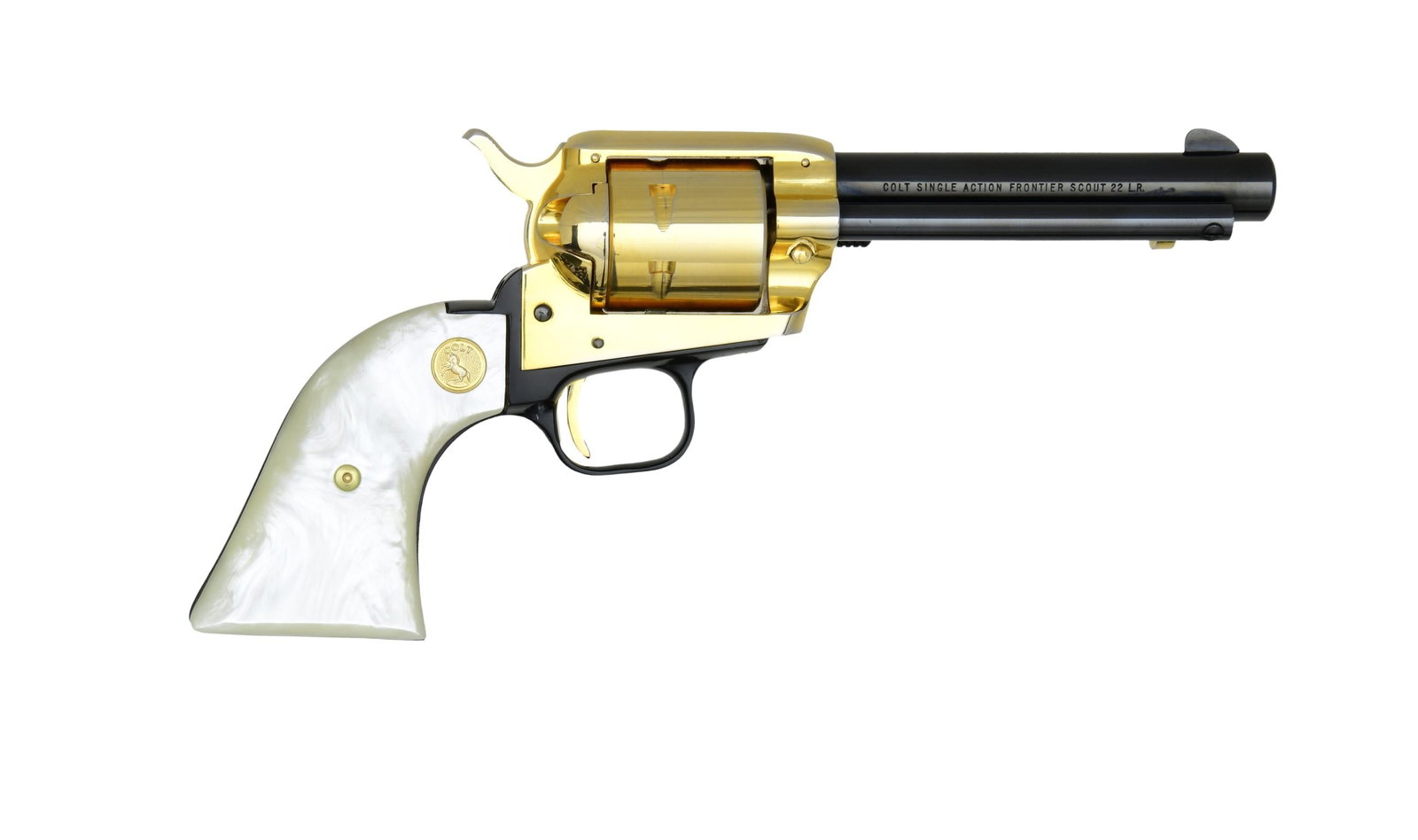 COLT ST. AUGUSTINE QUADRICENTENNIAL FRONTIER SCOUT: REVOLVER. Cal. 22 LR. S# 106AQ. Bbl. 4 3/4" with blade sight plus fame notched rear. Mfg. 1965; 500 units. Gold plated unfluted cylinder, trigger, hammer, loading gate, ejector rod head and base pin s