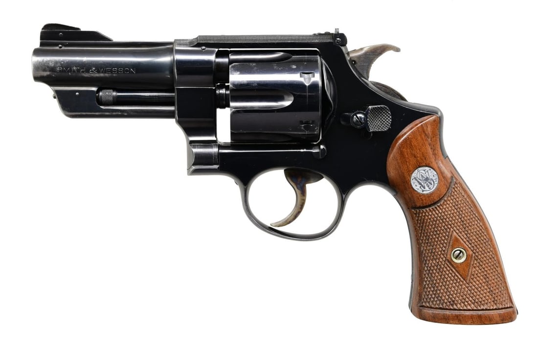 S&W PRE-WAR 357 MAGNUM NON-REGISTERED REVOLVER.: Cal. 357 Mag. S# 61337. Bbl. 3 1/2" (shrouded ejector rod) plus optional front sight having King marked ramped base with cross hatch pattern on ramp like barrel rib plus screw retained user changeable