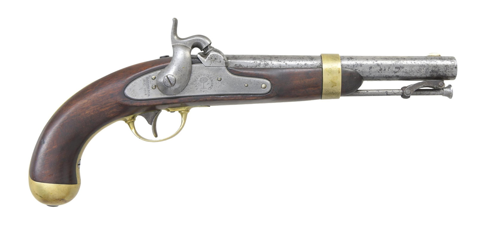 VERY GOOD SOUTH CAROLINA PALMETTO ARMORY M1842: CONFEDERATE SINGLE SHOT MARTIAL PISTOL. Cal. 54. ID# H2/H2. This Model 1842 cavalry pistol with 8.5" barrel was assembled by William Glaze in Columbia, SC in 1852-1853 for the state of South Carolina.