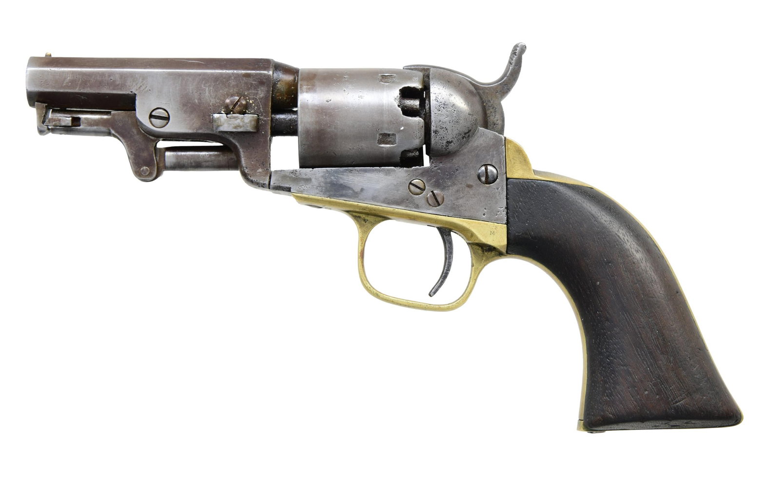 COLT 1849 POCKET MODEL REVOLVER.: Cal. 31. S# 171015. Bbl. octagon shortened to 3". Front bead is reattached 3/16" from muzzle. Top flat has no remaining markings. Five shot round cyl. w/ no visible cyl. seam. Left side of frame has p