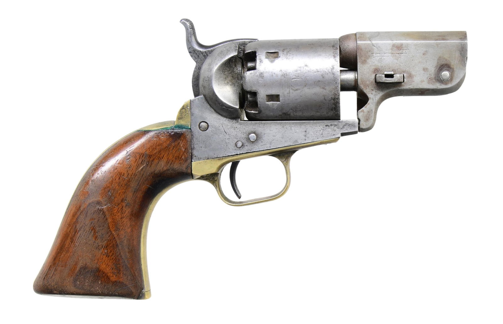 COLT 1851 NAVY "BELLY GUN" REVOLVER.: Cal. 36. S# 20572. Bbl. Octtagon with New York address. Shortened to 2 1/4" in the style associated with use by gunfighters in the post-Civil War American West. Loading lever is removed. Six-shot roun